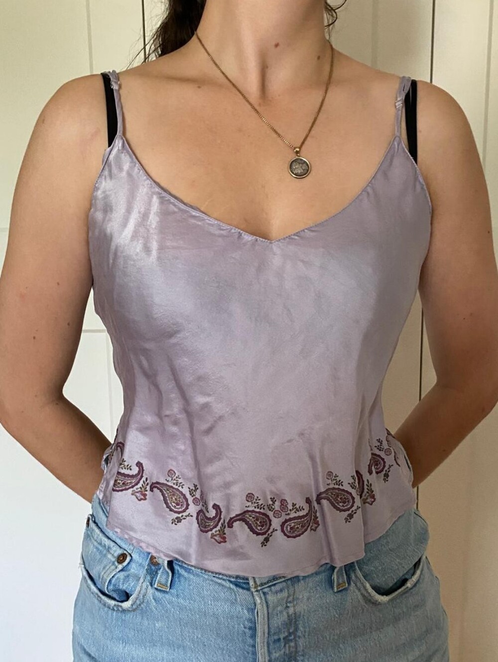 Vintage 100% Silk La Senza Light Lavender Paisley Trim Cami Tank Top